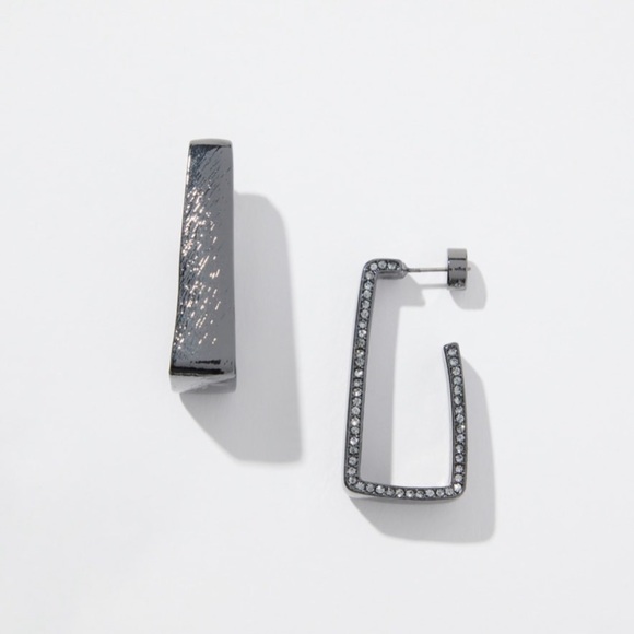 NEW Chico’s Hematite Tone Pavé Rectangle Hoops Statement Earrings Everyday Wear - Picture 7 of 9